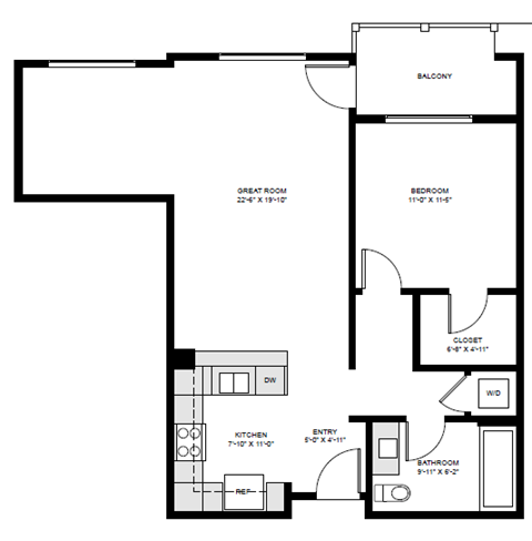 Floor plan for 1 bed, 1 bath